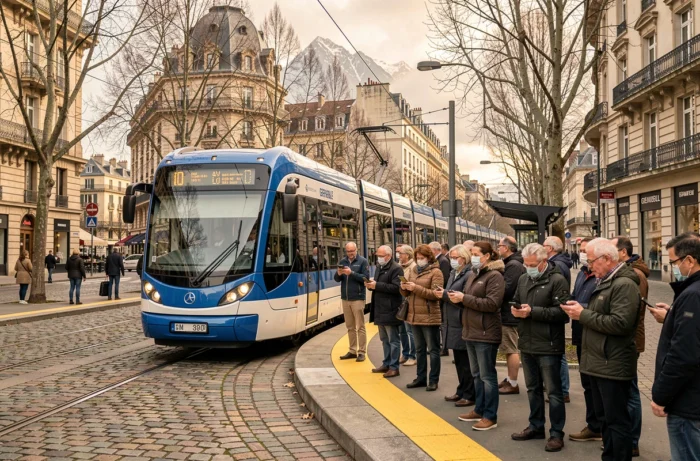 Tramway de Grenoble arrivant en centre-ville avec des voyageurs attendant sur le quai