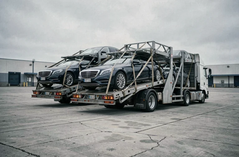 Camion porte-voitures professionnel chargé de véhicules sécurisés sur un plateau multi-niveaux dans un parc logistique industriel