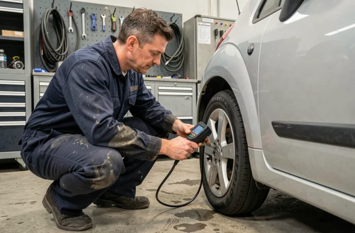 Technicien automobile vérifiant la pression des pneus d'une Citroën C2 avec un manomètre numérique dans un garage