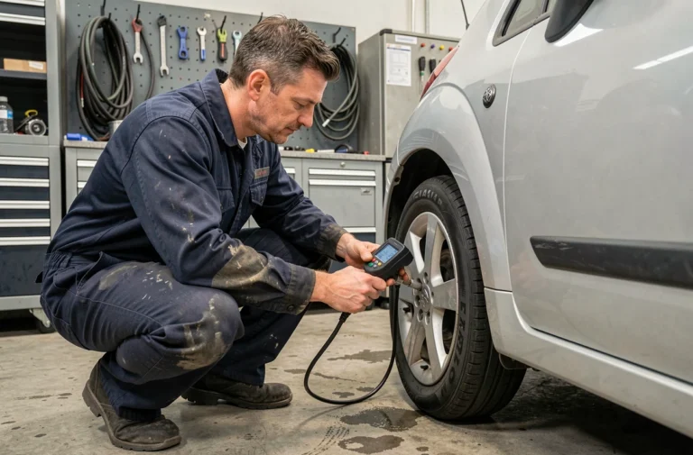 Technicien automobile vérifiant la pression des pneus d'une Citroën C2 avec un manomètre numérique dans un garage