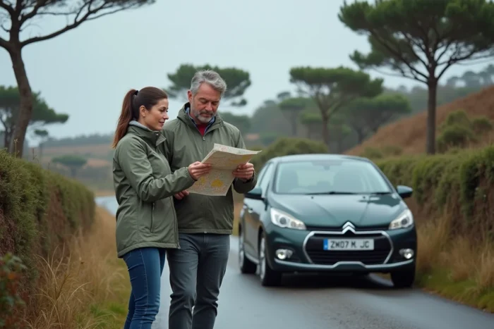 Couple consultant une carte à côté de leur voiture garée près de Saint Cado en Bretagne