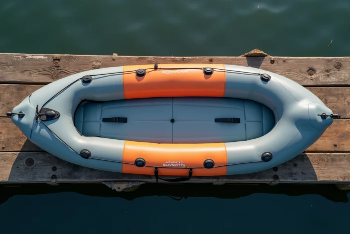 Vue aérienne du kayak gonflable Advanced Elements Lagoon 1 posé sur un ponton en bois au bord d'un lac, montrant l'intégralité du pont et des équipements