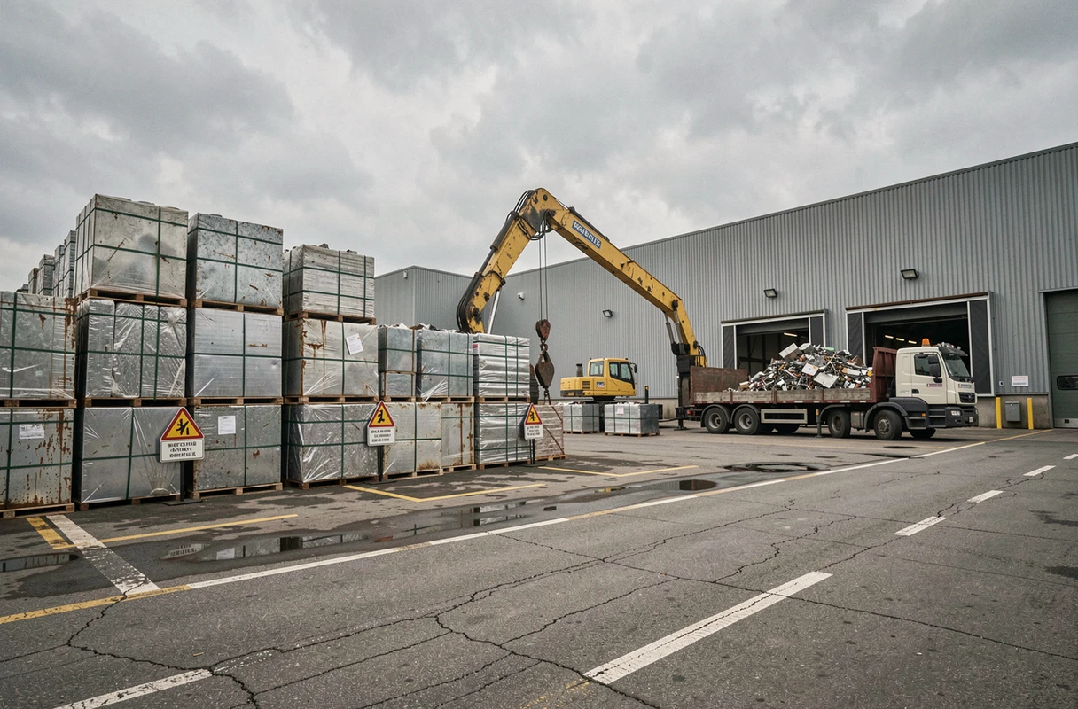 Vue panoramique d'un centre de recyclage de ferraille avec des cubes de métal compressé et une grue industrielle, représentant l'activité d'un site Derichebourg en 2026
